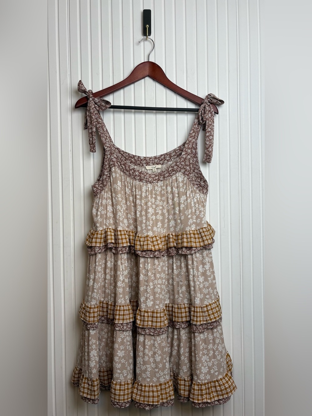 Easel Tiered Ruffle Dress S Tie Sleeve Plaid Peasant Bohemian Cottage
